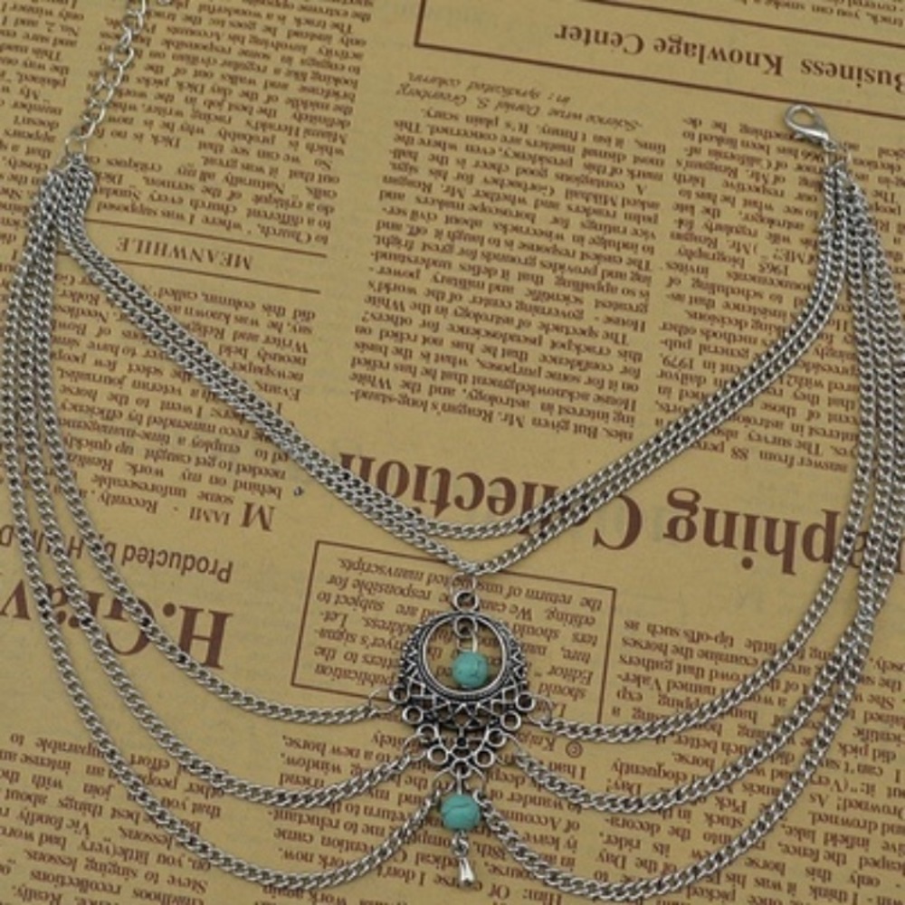 Set of 2- Boho Silver/Turquoise Barefoot Sandal Anklet - Picture 4 of 10